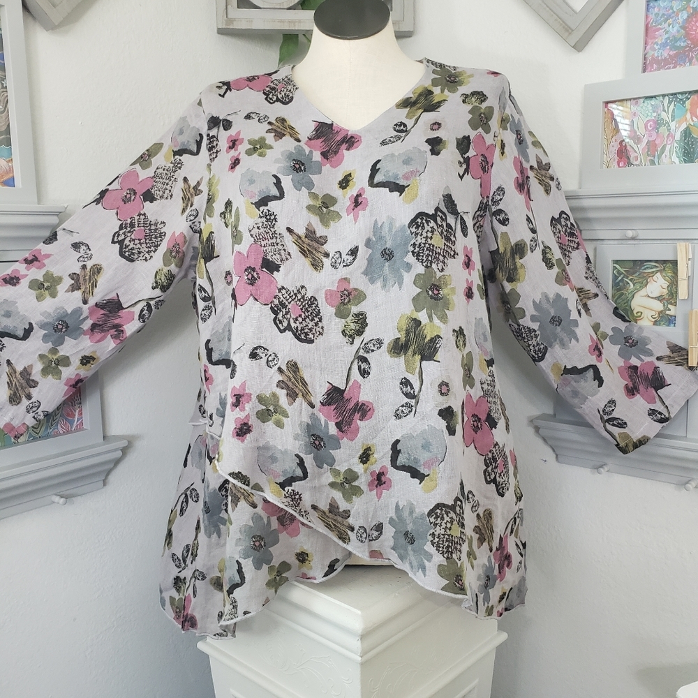 Click Gray Linen Floral Print Layered Hi Lo Bohemian Coastal Beach sz XXL